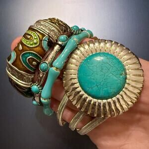 Bundle of Four Boho Blue Turquoise Silver Tone Bracelets
